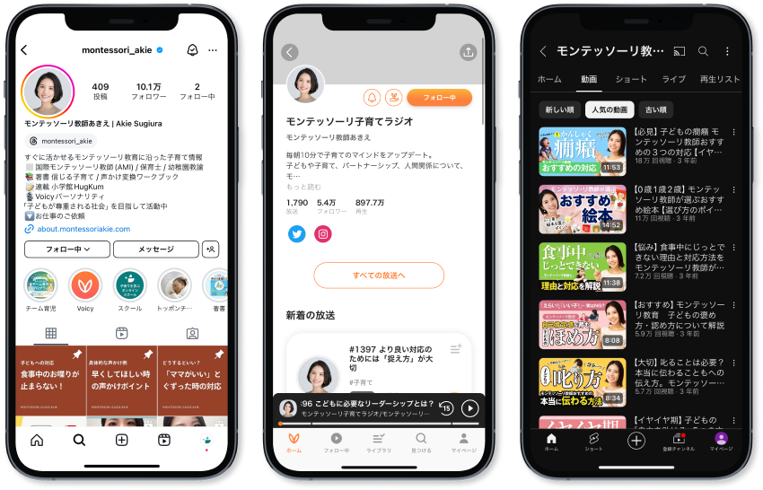 Instagram・Voicy・YouTube の画面
