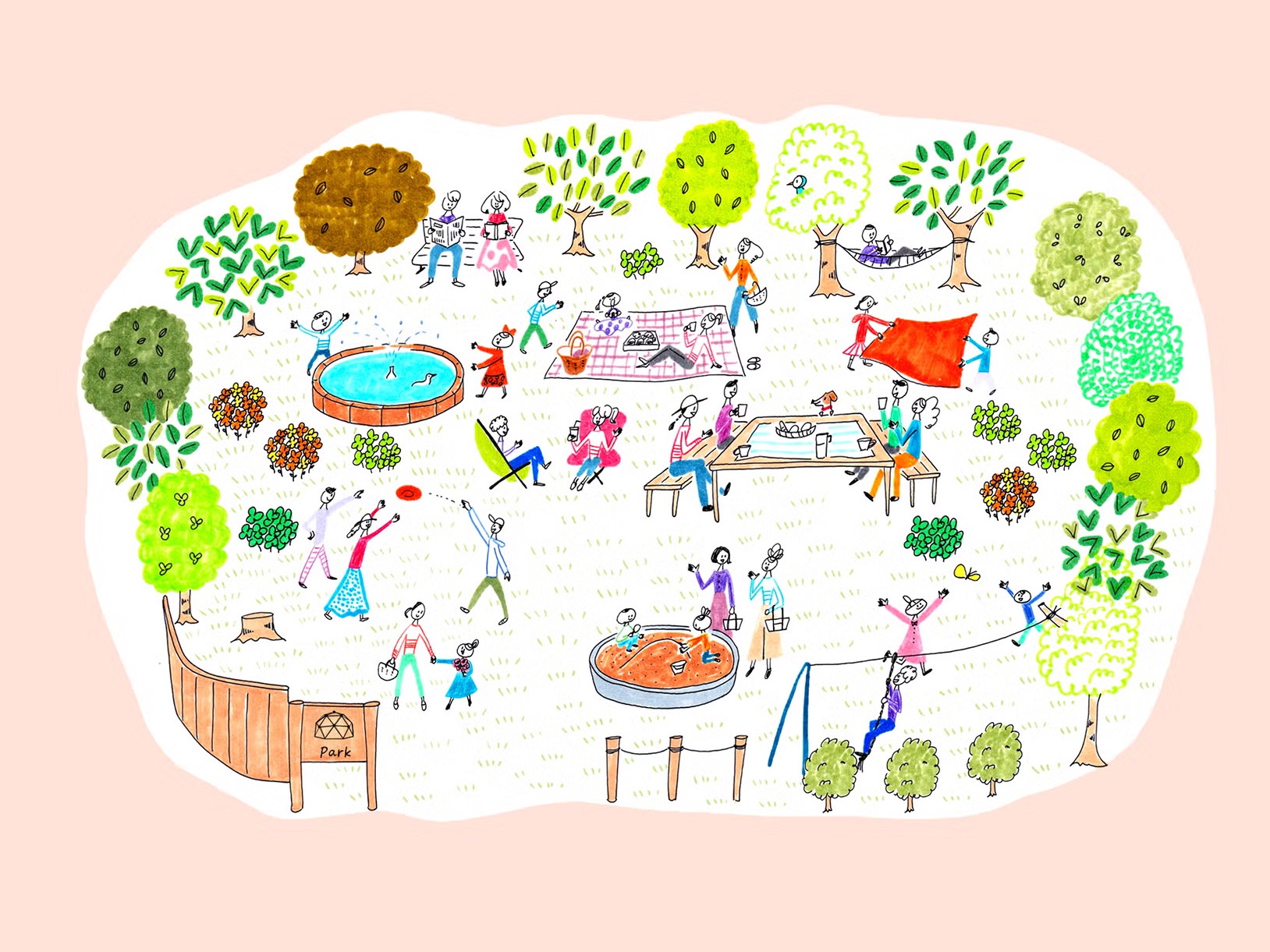 Park のイラスト。公園で思い思いに過ごす人たち